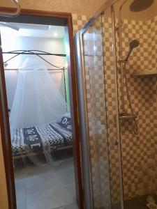 科托努Magnifique appartement的玻璃淋浴间,床上