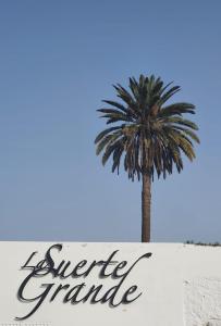 eine Palme auf einer weißen Wand mit einem Schild in der Unterkunft Finca La Suerte Grande in Telde