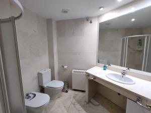 a bathroom with a toilet and a sink and a mirror at Apartamento Mirador del Tajo in Ronda