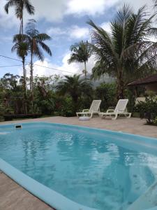 a swimming pool with two chairs and palm trees at Armazém do Porto Chalé Ixora in Morretes +10 photos