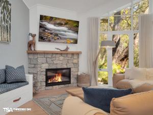 a living room with a fireplace and a couch at Stepping Stone in Thredbo