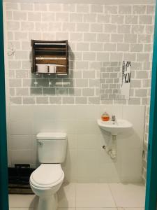 a bathroom with a toilet and a sink at The Upcycled Hostel Huacachina in Ica