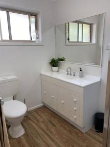 a bathroom with a toilet and a sink and a mirror at Valley House - Location Location Location - Comfortable home in the heart of Healesville in Healesville +7 photos