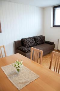 ein Wohnzimmer mit einem Tisch und einem Sofa in der Unterkunft Apartments Lipa in Železniki