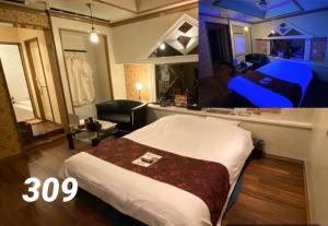 a hotel room with a bed and a living room at ホテルレスポアール in Minatomachi