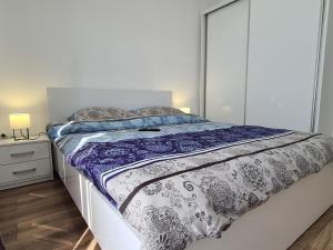 a white bedroom with a white and blue bed at The Best Apartment in Hunedoara