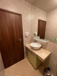 a bathroom with a sink and a wooden door at Melin Residence in Orşova