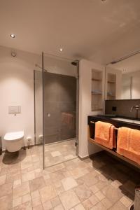 un bagno con doccia, WC e lavandino di LANDHOTEL ALTE ZOLLSTATION- Historical Building a Pittenhart Altre 215 foto