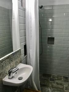 a bathroom with a sink and a shower with a shower curtain at Kofal Pince in Raposka
