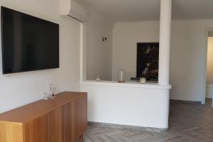 uma sala de estar com uma televisão de ecrã plano na parede em Appartement charmant et calme aux portes de Monaco em Cap d'Ail