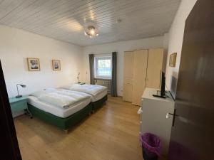 um quarto com uma cama e uma televisão em Ferienwohnung Aumühle em Freilassing