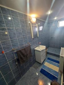 baño con aseo y paredes de azulejos azules en Casa YMY, en Sarmizegetusa