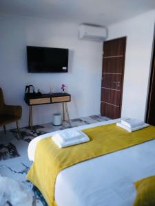 a bedroom with a large bed with a tv on the wall at A CASA DI JO in Calenzana