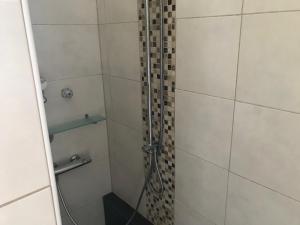 een badkamer met een douche en een glazen deur bij Ferienwohnung Wintergarten in Bad Pyrmont