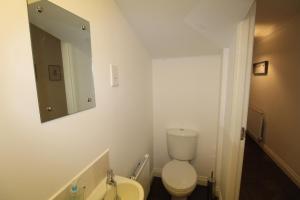 La salle de bains est pourvue de toilettes blanches et d'un miroir. dans l'établissement AMAZING 8 PERSON 3 BEDROOM 3 BATHROOM HOUSe, à Hull