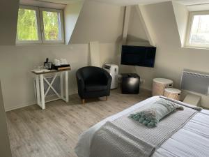 a bedroom with a bed and a chair and a television at Les Étangs des Couartes in Saint-Josse