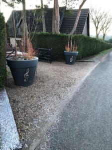 two potted plants sitting on the side of a road at Piano Forte - delightful rural shepherd hut & hot tub available ! in Rushford