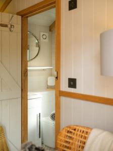 Piano Forte - delightful rural shepherd hut & hot tub available ! في Rushford: حمام مع مرحاض ومرآة