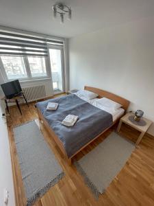 een slaapkamer met een groot bed en 2 handdoeken bij New Belgrade apartment in Belgrado