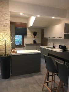 a kitchen with a island in the middle of a room at Appartamento Carducci in Pieve di Cadore