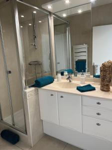 a bathroom with a shower and a white sink at Malibu Beach LA BAULE appartement face à la mer ! in La Baule