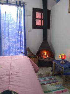 a room with a fireplace with a bed in front of it at Hospedagem Namastê in Visconde De Maua