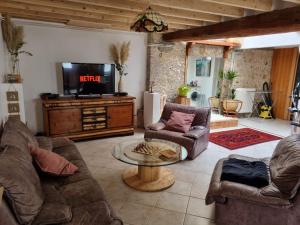 a living room with two couches and a tv at Le Clos du Lys in Chalons en Champagne