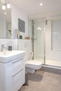 y baño blanco con aseo y ducha. en Theodor _ AD 1_ App_ 407, en Westerland