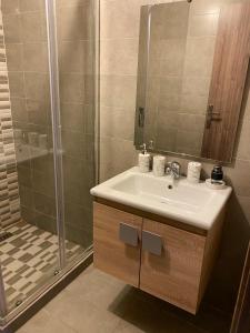 ein Bad mit einem Waschbecken und einer Dusche in der Unterkunft Oceanica by Smir Park luxury apartment Marina Smir in Mʼdik