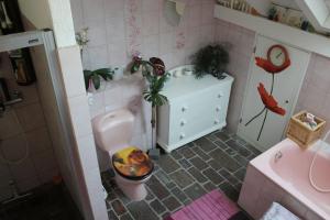 a pink bathroom with a toilet and a sink at Bed & Breakfast Wepfer in Grüt