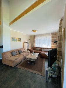 ein Wohnzimmer mit einem Sofa und einem TV in der Unterkunft Ferienhaus Windrose in Dwarsdorf