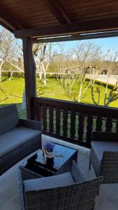 eine Veranda mit Stühlen und einem Tisch mit Aussicht in der Unterkunft Apartment Lena in Gornji Vaganac