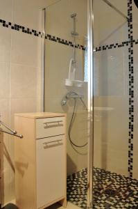 ein Bad mit einer Dusche und einer Glastür in der Unterkunft Repos et détente au cœur des richesses du Poitou in Vaux-en Couhé