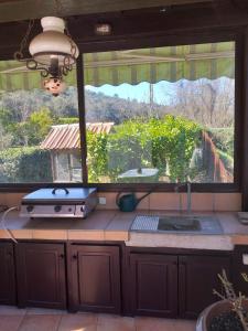 a kitchen with a sink and a large window at villa de charme in Monoblet