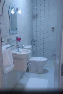 a white bathroom with a toilet and a sink at Town View Hotel in Cairo