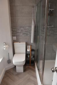 a bathroom with a toilet and a glass shower at Acorn Lodge in Torquay +27 photos
