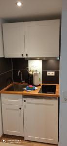 a kitchen with white cabinets and a sink at Apartment Kleine Koje in Hedwigenkoog