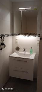 a bathroom with a sink and a mirror at Apartment Kleine Koje in Hedwigenkoog