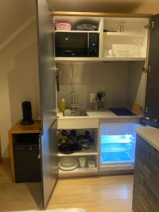 a small kitchen with a sink and a refrigerator at Boardhousing in Leuven