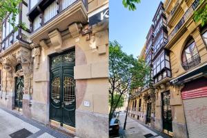 un edificio con una puerta verde en una calle de la ciudad en Buen Pastor Cathedral - Iberorent Apartments, en San Sebastián