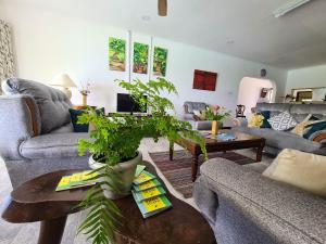 una sala de estar con sofás y una mesa con una planta en 3 bedrooms house with sea view enclosed garden and wifi at Souvenir, en Misere