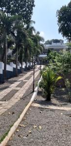 a sidewalk with palm trees and a building in the background at Golden Nest in Rāmamangalam