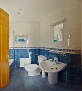 Baño de azulejos azules con aseo y lavamanos en The Coach Inn en Strabane
