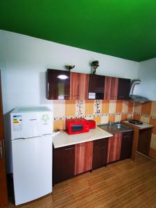 a kitchen with a white refrigerator and wooden cabinets at Vila La Famiglia in Eforie Nord +28 photos