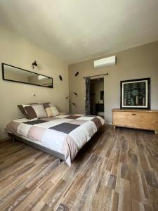 a bedroom with a large bed and a wooden floor at Au petit bonheur in LʼIsle-sur-la-Sorgue
