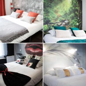 un collage de 4 fotos de un dormitorio con 2 camas en * Les Suites aux Étoiles * en Clermont-Ferrand