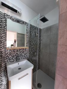 y baño con lavabo y ducha. en Apartmani Eva - studio, soba - en Pješčana Uvala