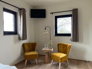 twee stoelen en een tafel in een kamer met twee ramen bij De Hoogstam in Vijlen