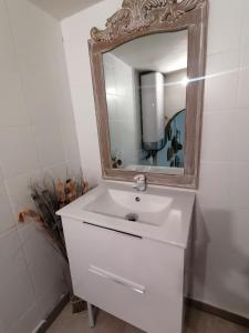 a bathroom with a white sink and a mirror at Appartement saint Guilhem centre historique in Montpellier