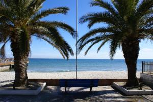 two palm trees and a bench on the beach at VARBENIS STUDIOS in Paralia Katerinis